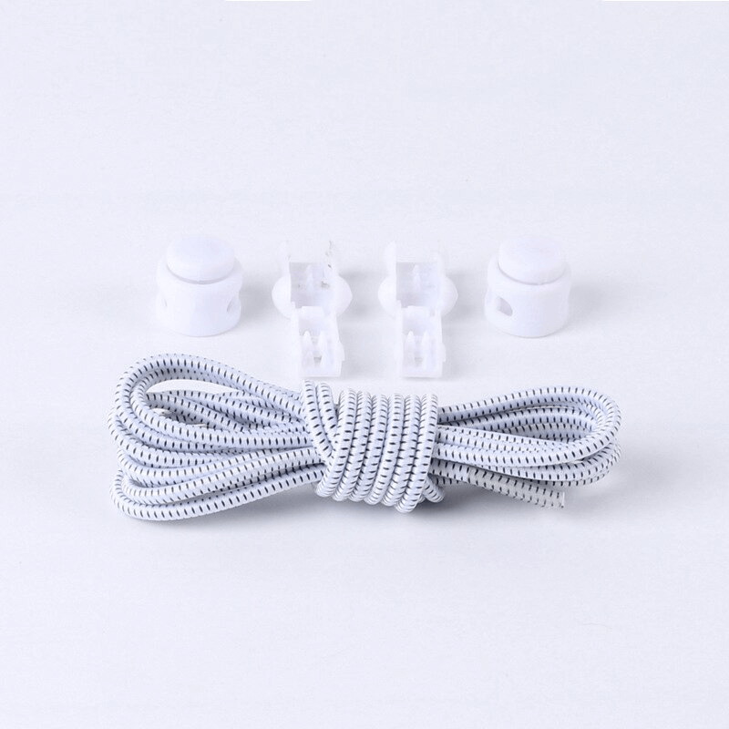 White stylish elastic laces for sports shoes with spring buckles and tail clips, no-tie convenience and easy installation.
